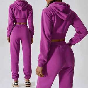 Ensemble de vêtements d'hiver pour femmes, haut court zippé avec capuche, pantalon de jogging ample à jambe droite, sweat-shirt en polaire - Product Image 2