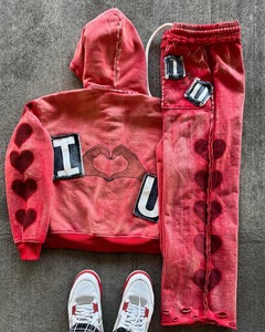Conjunto de Sudadera con capucha de rizo de algodón estampado DTG personalizado agujero desgastado costura inversa chándal lavado con ácido apliques bordados chándales - Product Image 4
