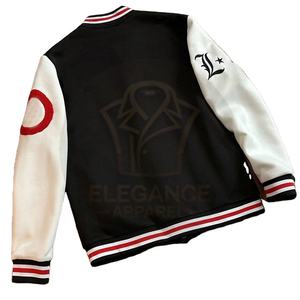 Blouson universitaire noir et blanc en toile à col montant, imprimé numérique sur le devant, coupe ample, manches longues, style baseball, vente en gros - Product Image 3