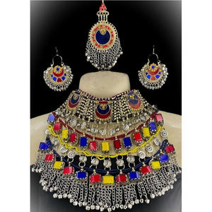 Producto en Oferta, Joyería Nupcial Afgana Kuchi, Hecha a Mano, Vintage, Étnica, de Latón, Chapada en Oro Antiguo y Rodio, Multicolor para Bodas - Product Image 4