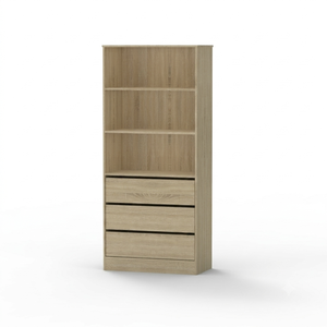Meuble de rangement chic 1740 en bois moderne à 3 tiroirs, bibliothèque à 3 niveaux en panneaux de particules avec étagères ouvertes, chêne Sonoma foncé, pour bureau à domicile - Product Image 2