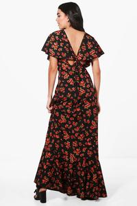 Robe longue en mousseline imprimée grande taille pour femme, col en V, manches courtes, à volants, motif floral, élégante et décontractée, mode estivale - Product Image 4