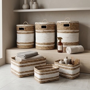 Natural Banana Bark Recycled <b>Plastic</b> <b>Basket</b> Set White Stripe Laundry Hamper With Lid Organizer Bin Setup Pure Art Room Decor Art - Product Image 5