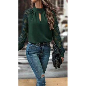 Blusa Sandy de Manga Larga para Mujer con Detalle de Ventana en el Busto, Cuello Alto y Mangas de Tul, 31670 - Verde - Product Image 4