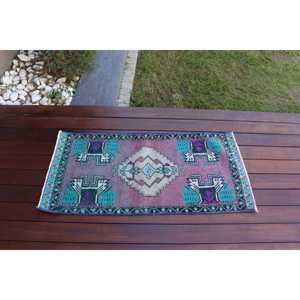Tapis turc vintage, tapis de 1,6 x 3,3 pieds, tapis en laine violet bleu style sud-ouest - Product Image 1