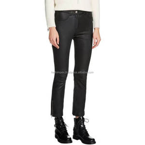 À la mode femmes noir Faux cuir respirant Moto & Biker pantalon plat avant taille haute poche arrière cheville fermeture éclair décontracté tenue de fête - Product Image 1
