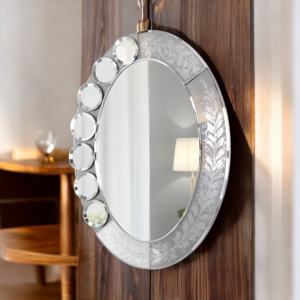 Espejo de pared con diseño de hoja grabada ovalada con detalles circulares decorativos Marco de espejo de pieza de decoración elegante para el hogar - Product Image 4