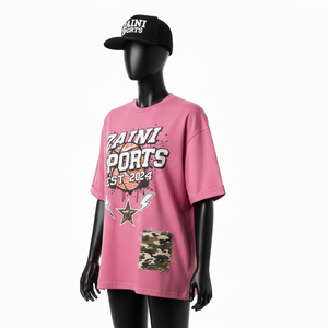 T-shirt ample pour femme en jersey de coton de haute qualité, respirant, doux, rose, avec impression thermique et patchwork, t-shirt en coton - Product Image 4