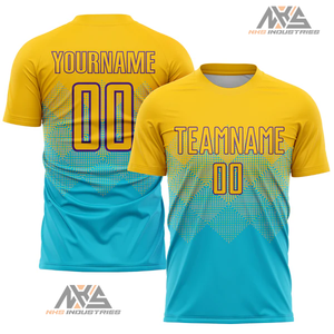 Uniforme de football unisexe à sublimation personnalisée Jersey Lake Blue Gold-Purple Service OEM pour adultes - Product Image 3