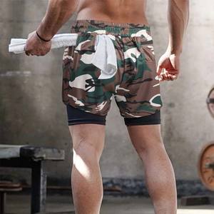 Short de jogging athlétique de fitness d'été pour hommes 100% coton Camo solide Compression évacuant la sueur 2-en-1 poche zippée arrière Streetwear - Product Image 6