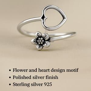 แหวนรูปหัวใจดอกไม้ เงินแท้ 925 ปรับขนาดได้ ดีไซน์โบโฮแบบออกซิไดซ์ - Product Image 4