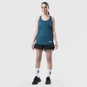 เสื้อกล้ามออกกำลังกายผู้หญิง Breeze Fit แบบลำลอง ความยาวสั้น คอแบบผูก ผ้าถักระบายอากาศ สีเขียวอมฟ้าเข้ม  โลโก้แบบกำหนดเอง  ลาย 3 มิติ ด้านหน้า - Product Image 3