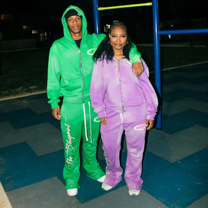 Conjunto de Sudadera con Capucha y Pantalones Acampanados para Hombre, Estilo Chándal con Cremallera, Lavado Ácido, Bordado y Efecto Desgastado - Product Image 1