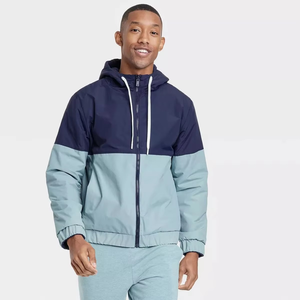 Men's Color Block Hooded Puffer <b>Jacket</b> Windproof Zipper Closure Casual Autumn Wear Light Blue Navy Polyester <b>Fleece</b> <b>Lining</b> - Product Image 1