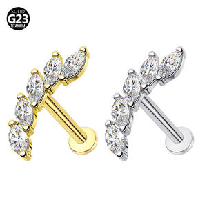 Pendiente de Oreja Youkeen Piercing al por Mayor, Calibre 16, con Circonita Marquise en Forma de Hoja, Plateado en Plata, de Titanio, ASTM F136, Plano, para Boda - Product Image 2