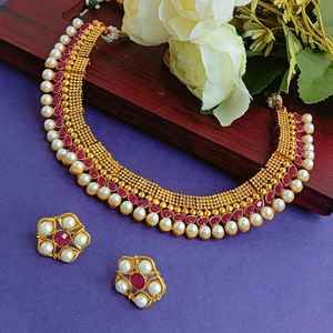 Conjunto de joyería India Kundan Faux Pearl Beaded Gargantilla tradicional Collar Stud Pendientes Conjunto Joyería al por mayor, Rosa - Product Image 1