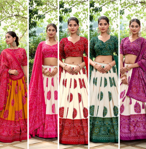Última nueva llegada de color mostaza Bandhani impreso Lehenga Choli con Tussar seda Dupatta y blusa para Festival Wear - Product Image 6