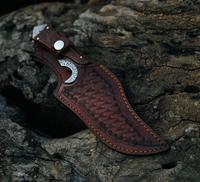 Couteau de chasse Damas fait main sur mesure, lame fixe, couteau de chasse d'extérieur avec étui en cuir, manche en bois avec étui
