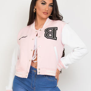 MOVATEXTILES Veste Bomber universitaire rose personnalisée pour femmes Blouson de baseball à slogan B Veste en laine et Letterman pour femmes - Product Image 1