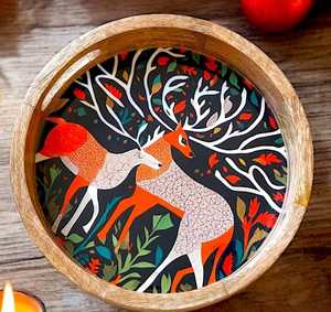 Bandeja de servicio decorativa de trabajo de madera MDF pintada a mano y Meena, bandeja de madera hecha a mano con patrón de modelo, Material de resina - Product Image 2