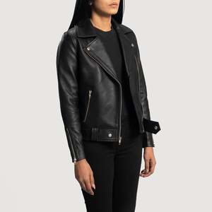 Chaqueta de Motociclista Slim para Mujer Rumy, Negra, de Cuero PU, con Capucha, Cuello de Satén, Piel Sintética, Logotipo Personalizado, Relleno de Poliéster, Otoño, Talla XL, Estampada - Product Image 2