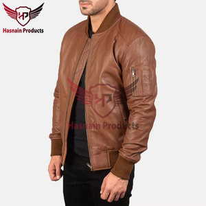 <b>Mens</b> Real Tan <b>Leather</b> Bomber <b>Jacket</b> Rib Collar Zip Sleeve Pocket Quilted Placket Sheepskin Flight Coat Custom Brown Winter Out - Product Image 3