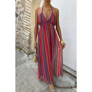 Vestido Maxi Colorido 2748 con Detalle Plisado de Tirantes, Escote Halter, Cintura Natural y Característica Transpirable - Product Image 4