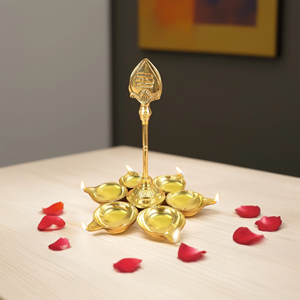 Brass Murugan Vel 6-<b>face</b> Diya with detailed engraving and <b>polished</b> finish for puja rooms, home décor, and festive celebrations - Product Image 2