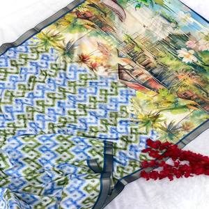 Sari en soie Manipuram original VASTRA COTTAGE avec imprimé Ikkat, bordure tissée en zari doré, pallu numérique inspiré avec blouse contrastée - Product Image 4