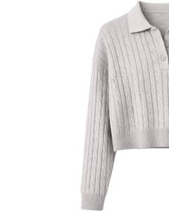 Pull en maille torsadée gris clair pour femmes, col polo, manches longues, ourlet côtelé, patte de boutonnage, pull décontracté d'hiver pour femmes - Product Image 3