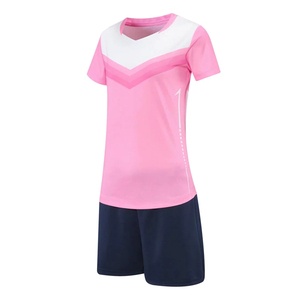Ensemble de maillots de volley-ball pour femmes, rose et blanc, col en V, manches courtes, fabriqué au Pakistan, uniforme de volley-ball féminin - Product Image 1