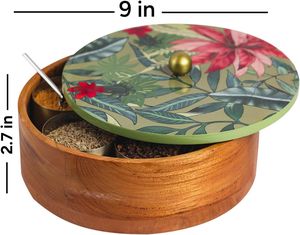 Casserole en bois d'acacia tendance au design moderne fait à la main de haute qualité avec couvercle imprimé de flore verte personnalisée emballage cadeau pour le stockage des épices et des herbes - Product Image 2