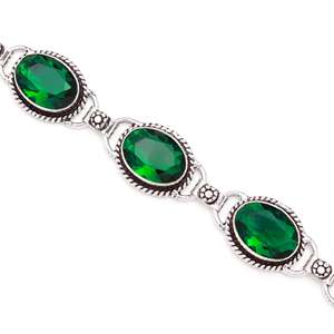 Pulsera de Cadena de Plata Alemana con Baño de Rodio y Cuarzo Esmeralda, Diseño Tradicional Hecho a Mano, Ovalada, Verde, Regalo para Bodas y Fiestas - Product Image 2
