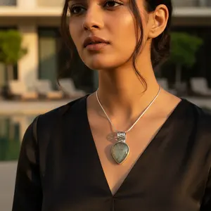 Handmade Women's Necklace with 925 Silver <b>Labradorite</b> Teardrop <b>Pendant</b> Religious Cross Design Handcrafted Crystal Jewelry - Product Image 1