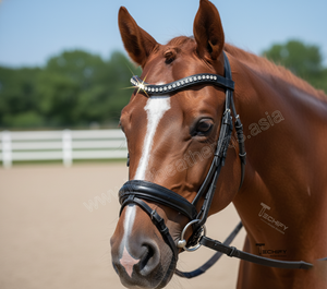 Elégant bandeau de cheval en cuir noir avec gros strass transparents Accessoire de bride équestre en cristal incurvé fait à la main - Product Image 5
