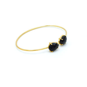 Modern Adjustable <b>Gold</b>-Plated 18K Brass Cuff <b>Bracelets</b> Trendy Dua Bangle with 2 <b>Black</b> Onyx Pear Gemstones for Women's Wedding - Product Image 2