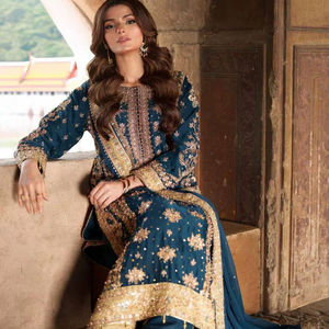 Traje de Verano de Georgette Pesada con Bordado Floral Vintage, Estilo A-Line, con Lentejuelas, Top, Pantalón y Dupatta, Cintura Natural, Elegante, Largo hasta la Rodilla - Product Image 1