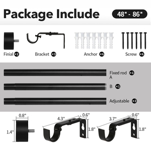 Ensemble de tringles à rideaux réglables et connectables KYOK, embouts ronds noir mat, tringle à rideaux multi-sections robuste avec accessoires complets - Product Image 6