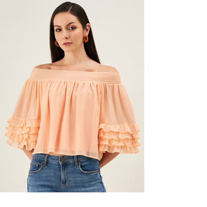 Haut à manches raglan en mousseline de soie sur mesure avec épaules smockées et détail à volants Convient aux clients de la boutique et au revendeur de vêtements - Product Image 1