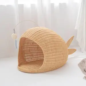 Amazon Top Escolha Handmade Woven Pet Bed Rattan Wicker Cat Bed Basket House Sleeping Bed Para Ninho Lavável Indoor Cat