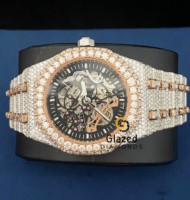 Montre de luxe Hip Hop à deux tons avec cadran en verre analogique squelette en acier inoxydable et moissanite taillée, mécanique automatique japonaise pour homme