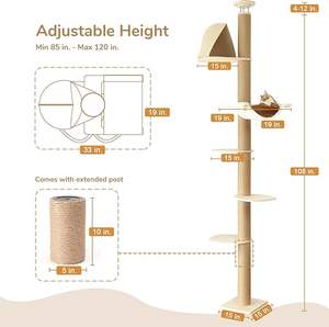 Arbre à chat écologique pour sol et plafond, tour d'escalade à 6 niveaux réglables en hauteur (1,8-3 m) avec poteaux à gratter en bois épaissi - Product Image 2