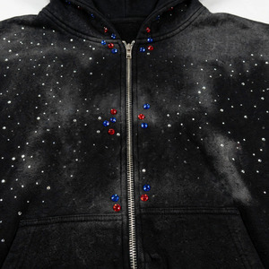 Men's Black Rhinestone <b>Hooded</b> <b>Zip</b>-Up Sweatshirt Regular Fit Acid Wash Dot Pattern Casual Streetwear Autumn Wear - Product Image 4
