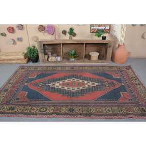 Turkish Vintage <b>Wool</b> Rug 5.1x9.5 ft (156x290 Cm) Patchwork <b>Red</b> Blue Plants & Trees Design with Latex Backing - Product Image 4