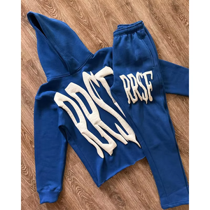 Conjunto de 2 Piezas de Chándal con Estampado Desgastado y Bordado Personalizado Unisex, Sudadera con Capucha de Algodón Lavado al Ácido de Talla Grande para Hombre, Estilo Casual - Product Image 5