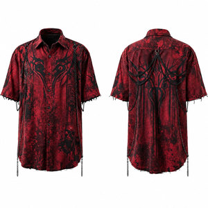 Camisa Gótica de Manga Corta para Hombre, Diseño de Calavera Roja y Negra, Corte Holgado, Detalle de Cadena, Tejido Estampado - Product Image 1