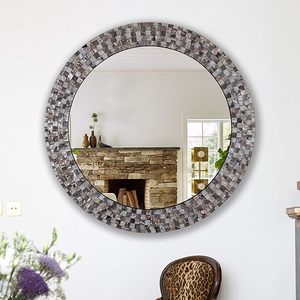 Elegant Luxury Modern Round Wall Mirror Wholesale Best Selling New Crackled Mother Pearl Design High Quality Wood Framed Mirror - Product Image 1
