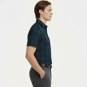 Chemise habillée pour homme personnalisée, rayée, en fil de bambou teint, coupe classique, manches courtes, style formel écologique - Product Image 6