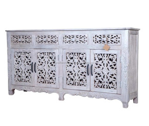 New HOME Storage Cabinet 4 drawers 4 doors carving natural finish with wooden legs white finish vintage style from india wooden - Product Image 1