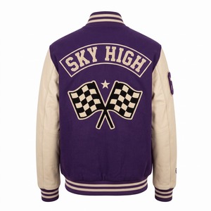 Varsity Jacket Leather Sleeves <b>Purple</b> Cream Chenille Checkered Flag Patch Wool Body Genuine Leather Custom Letterman OEM - Product Image 2